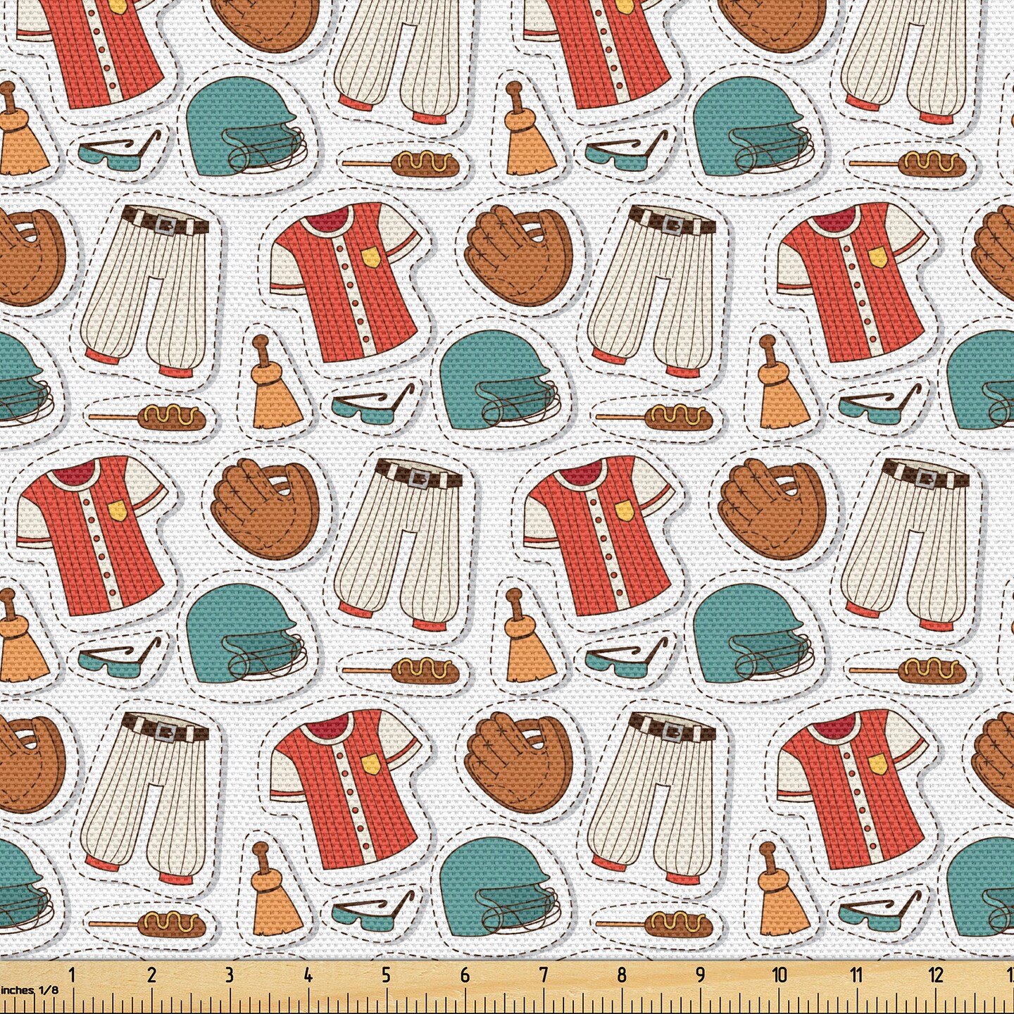 Ambesonne Baseball Fabric by the Yard, Sporting Themed Motifs American Professional League Team Uniform with Corndog, Decorative Fabric for Upholstery and Home Accents, Multicolor