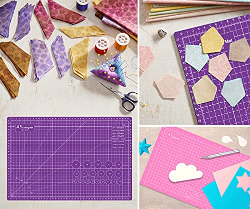 18"x12" Thickened Self Healing Cutting Mat, A3 Rotary Cutting Sewing Mat for Crafts, Double Sided 5-Ply Table Cutting Board for Fabric Quilting Art Hobby Project, Pink/Purple