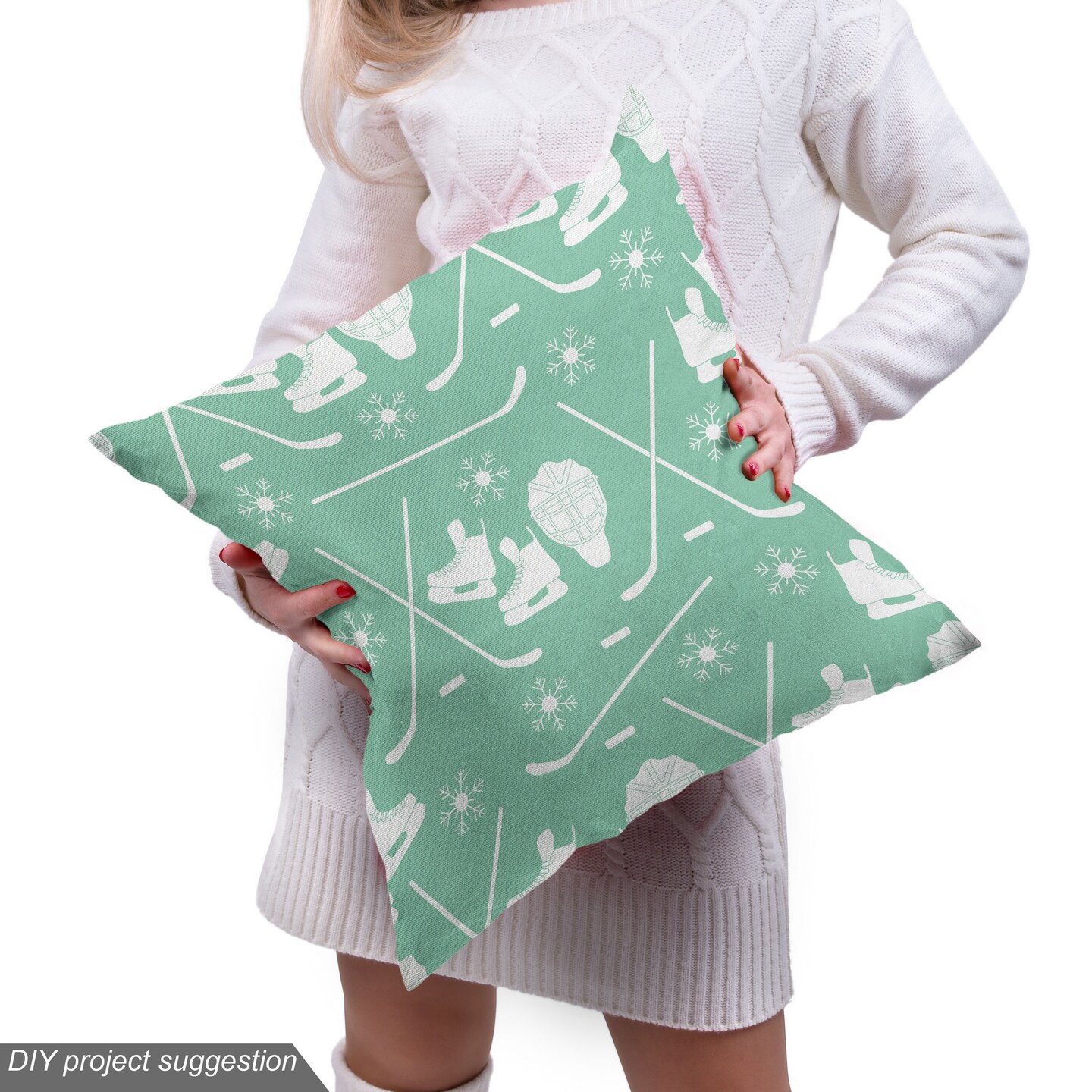 Ambesonne Ice Skates Fabric by the Yard, Pattern of Goalkeeper Hockey Stick Snowflakes Sports Equipment, Decorative Fabric for Upholstery and Home Accents, Peacock Green and White