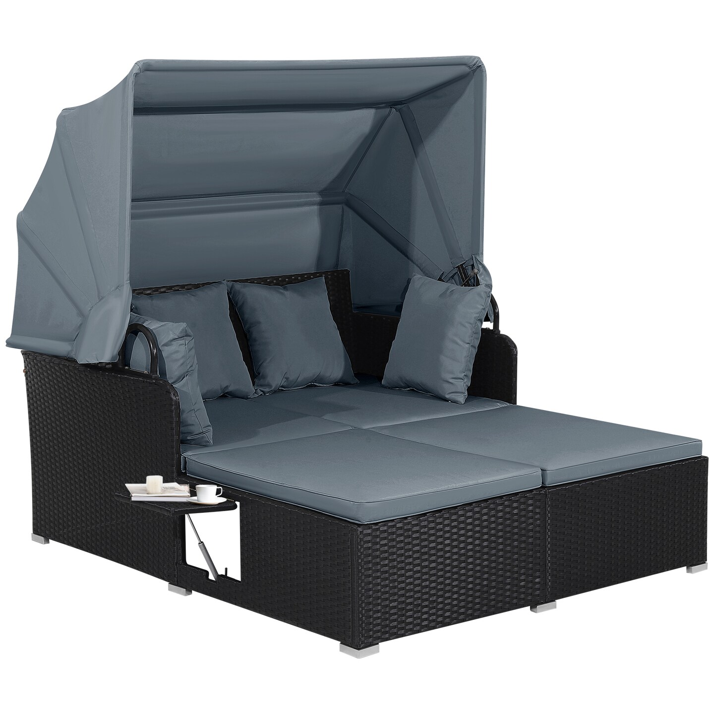Patio Rattan Daybed with Retractable Canopy and Side Tables