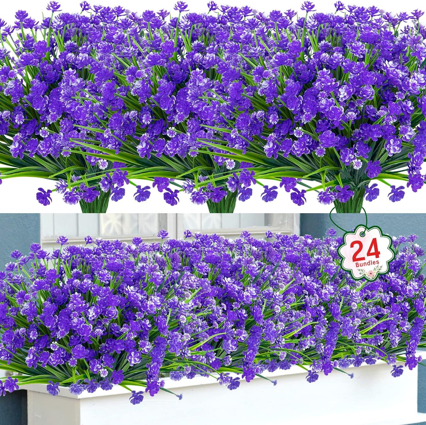 24 bundles of artificial flowers for outdoor decorations. Fake Plastic Plants Artificial Greenery for Spring Summer Indoor Outdoor Garden Patio Window Box Kitchen Home Decor in Purple