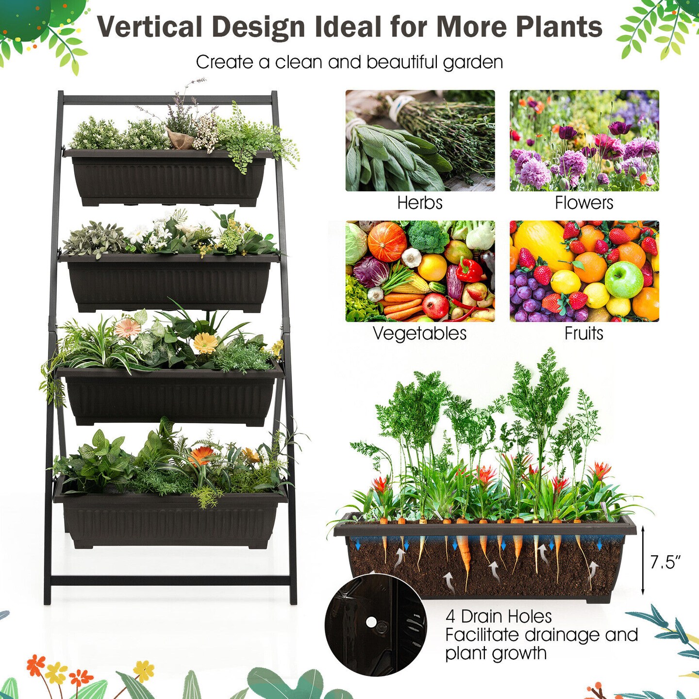 4-tier Vertical Raised Garden Bed With 4 Containers And Drainage Holes-M