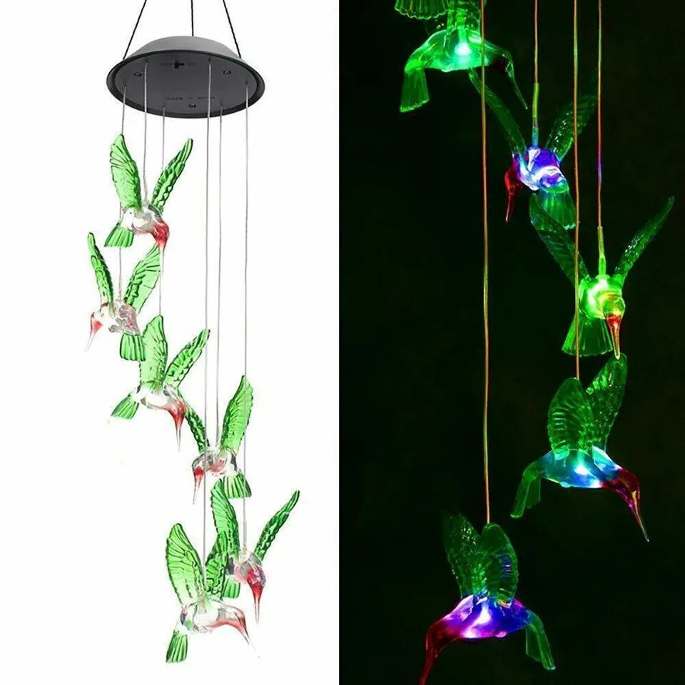 Color-Changing LED Solar Powered Hummingbird Wind Chime Lights Yard Garden Decor