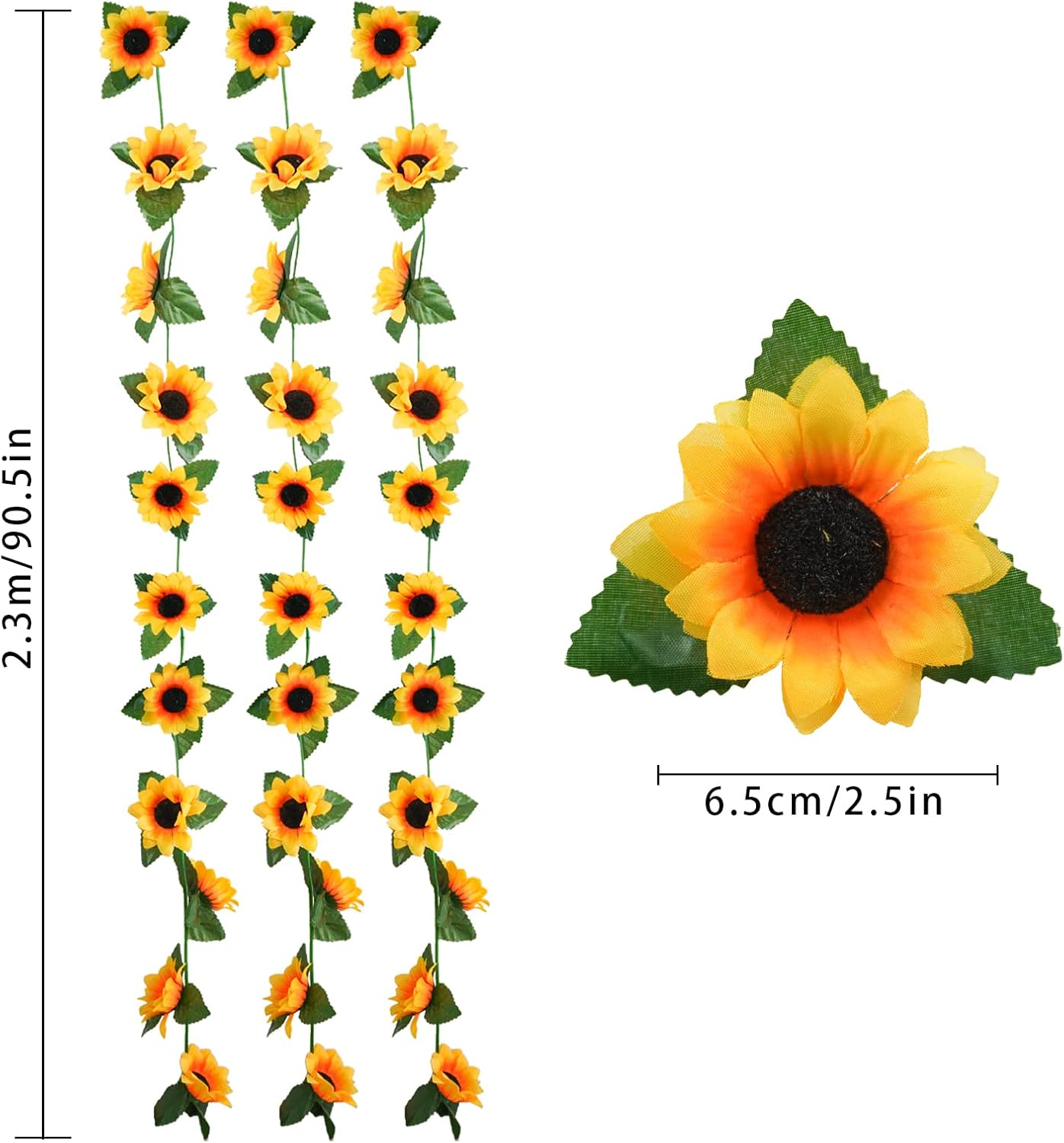 Three-piece 7.5-foot artificial sunflower garland with green leaves, perfect for home, kitchen, garden, wedding arch, bridal shower, baby shower, or outdoor decor. Made of silk flowers.