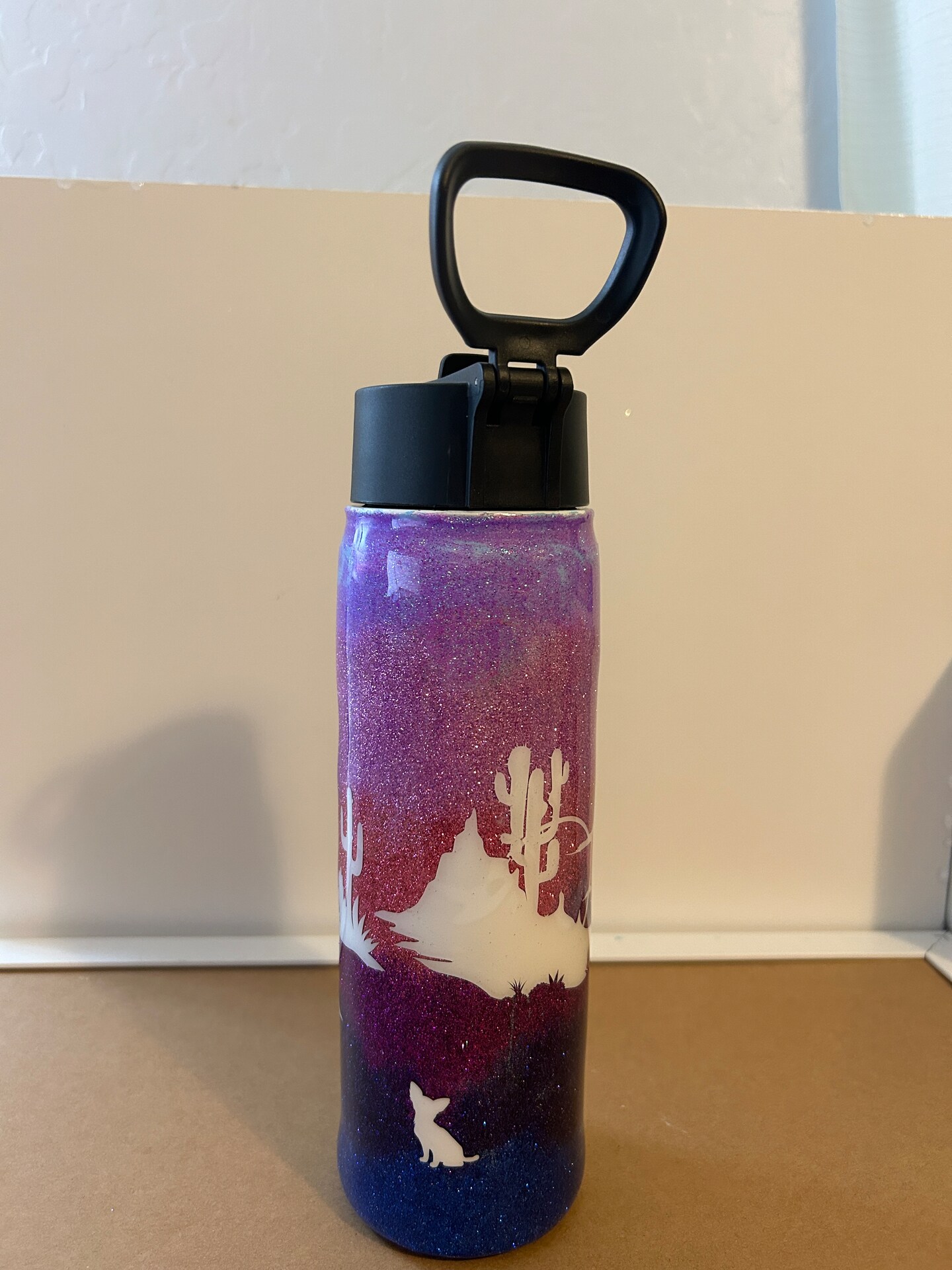 product name is glitter, resin, stainless steal water bottle