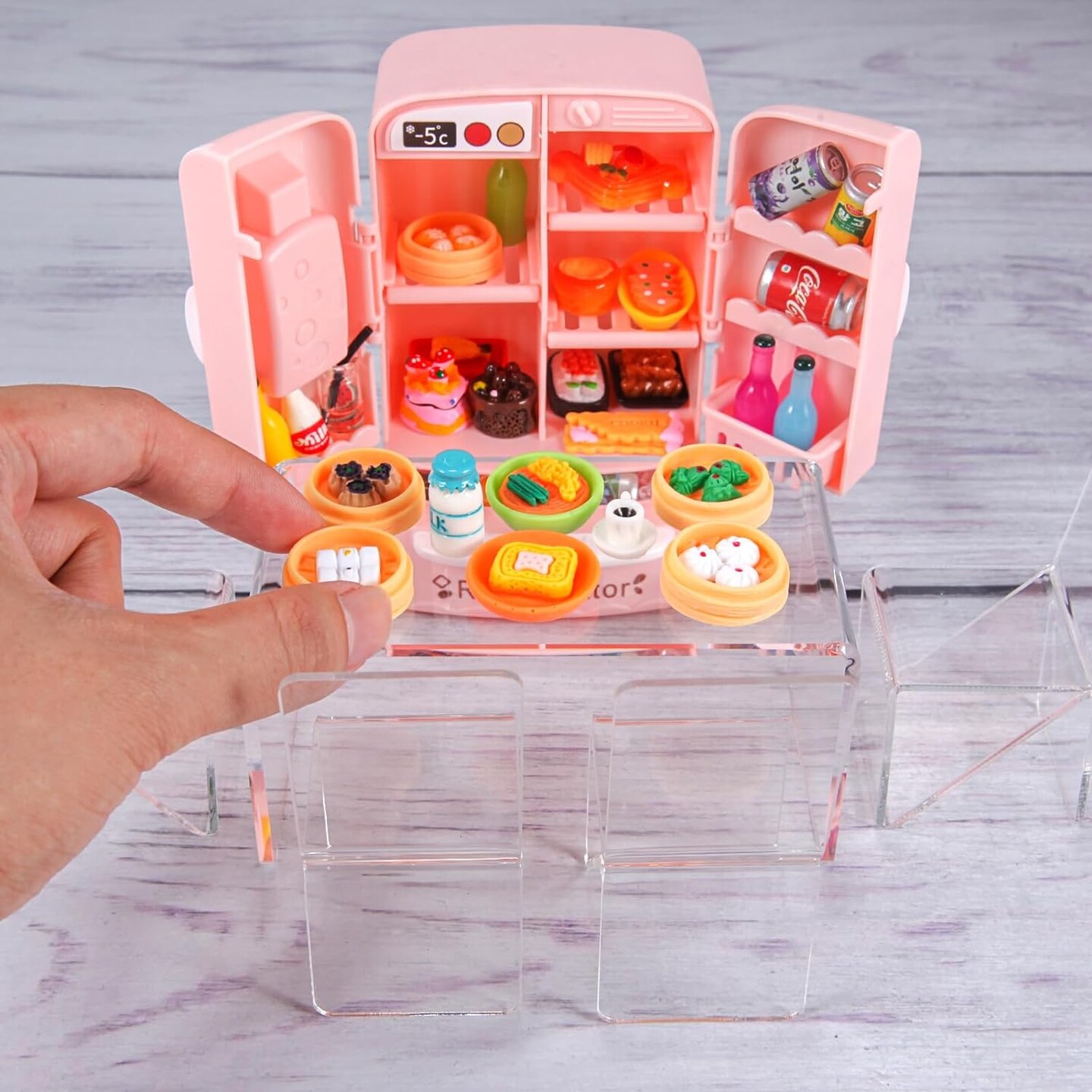 95 Pieces Dollhouse Refrigerator Mini Fridge Table Dining Car Toy with Food Set Kitchen Furniture Miniatures. Party Fruits Juice Milk Desserts for Children: Drink Cake, Pretend Play, and Fake Ice Cubes