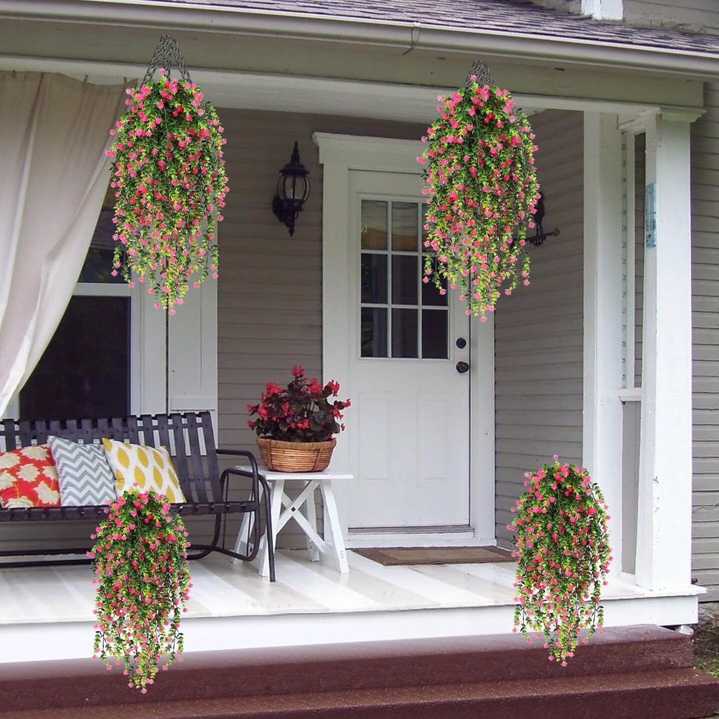 4pcs Artificial Flowers for Outdoors Plants Fake Plants UV Resistant Faux Plastic Daffodils Flower Greenery Boxwood for Spring Planters Outdoor Front Porch Garden Porch Patio Decoration (Pink).