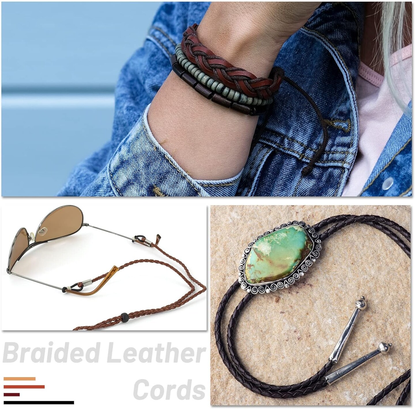 8yd Braided Leather Cord Antique Genuine Leather Strap Folded Bolo Tie Cord Rope Lace for Necklace Bracelet Pendent Jewelry Making Beading Braiding (Black, Brown,tan, Reddish Brown,4 mm)