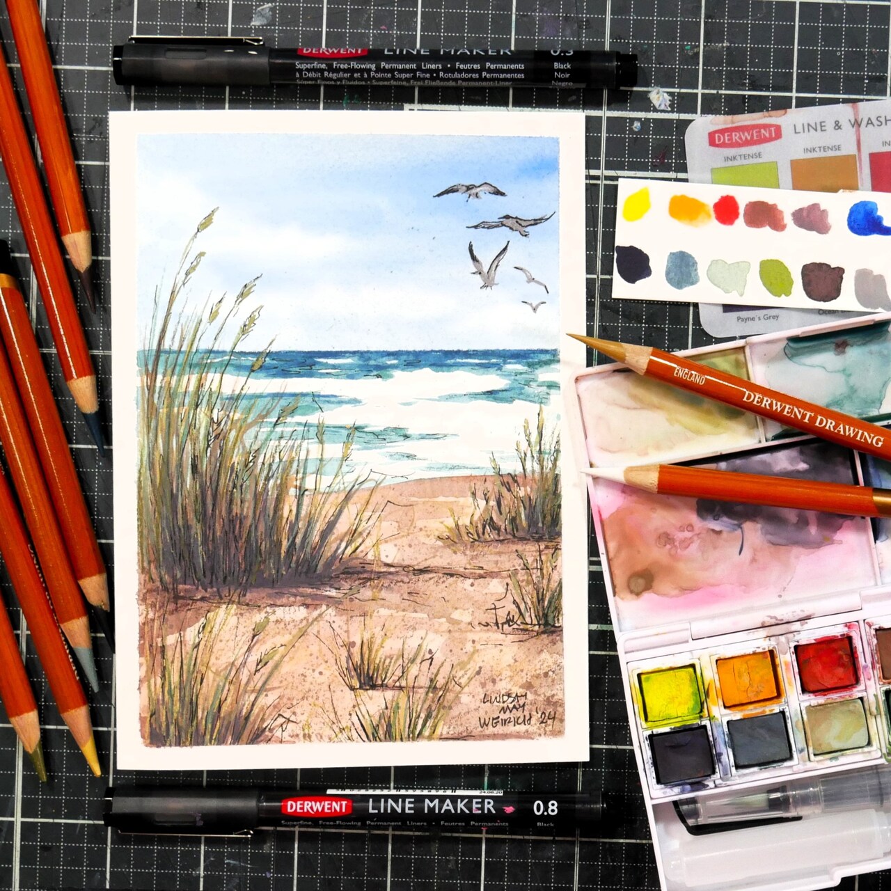 Relaxing Seascape with Derwent Line & Wash Set