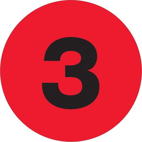 Tape Logic Number Labels, &#x22;3&#x22;, 3&#x22; Circle, Fluorescent Red, 500/Roll