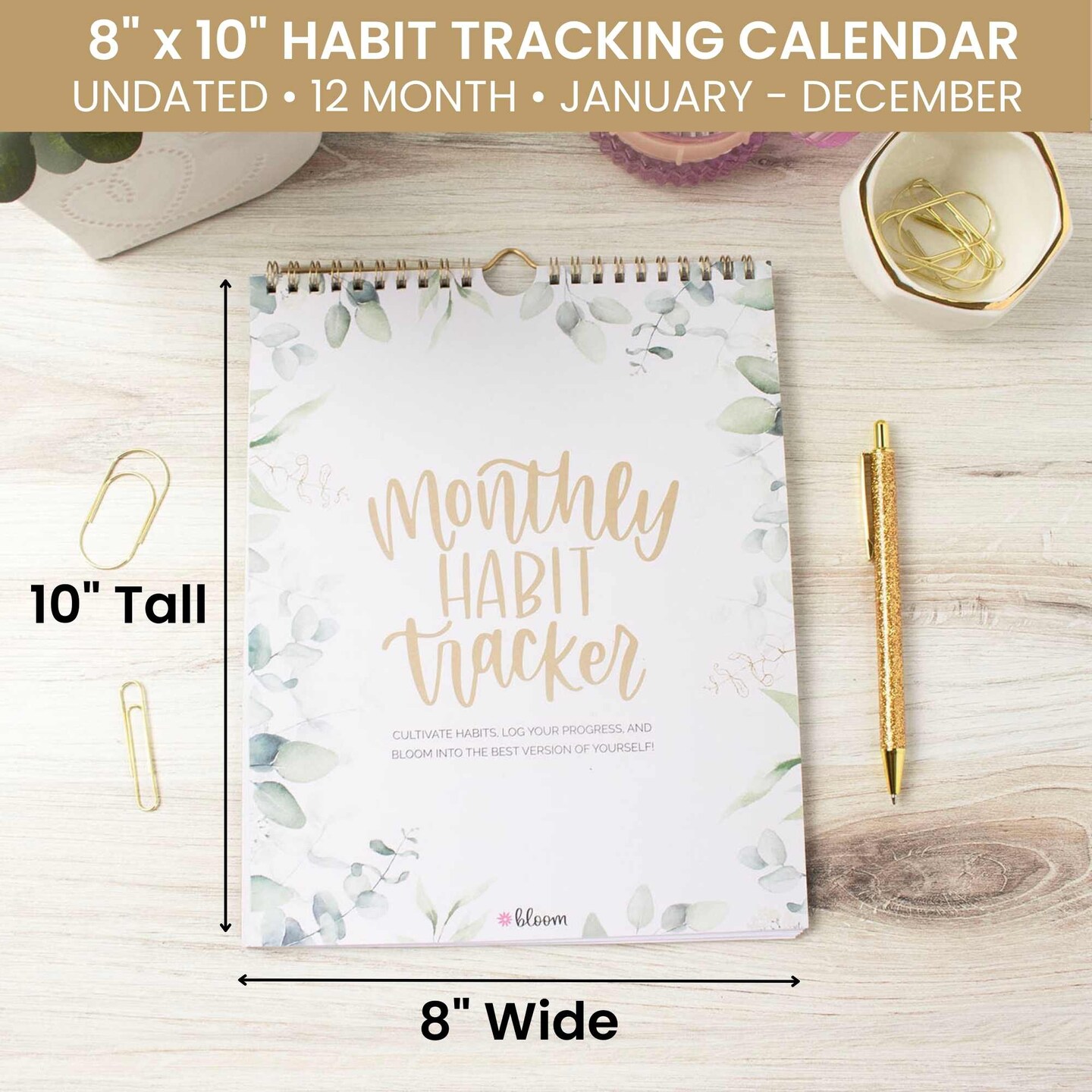 bloom daily planners Habit Tracking Calendar, 8&#x201D; x 10&#x201D;, Greenery