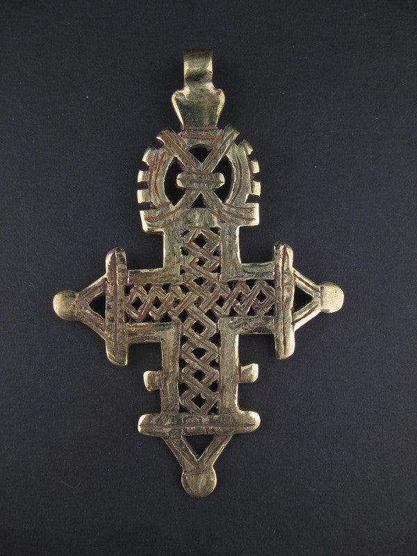 TheBeadChest Ethiopian Coptic Cross Pendant Large 95mm African Brass Brass Large Hole Handmade