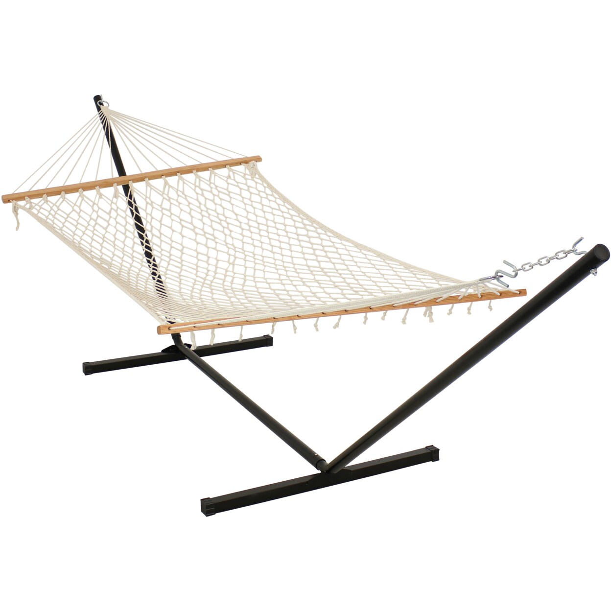 Sunnydaze   2-Person Cotton Rope Hammock with Steel Stand - Natural