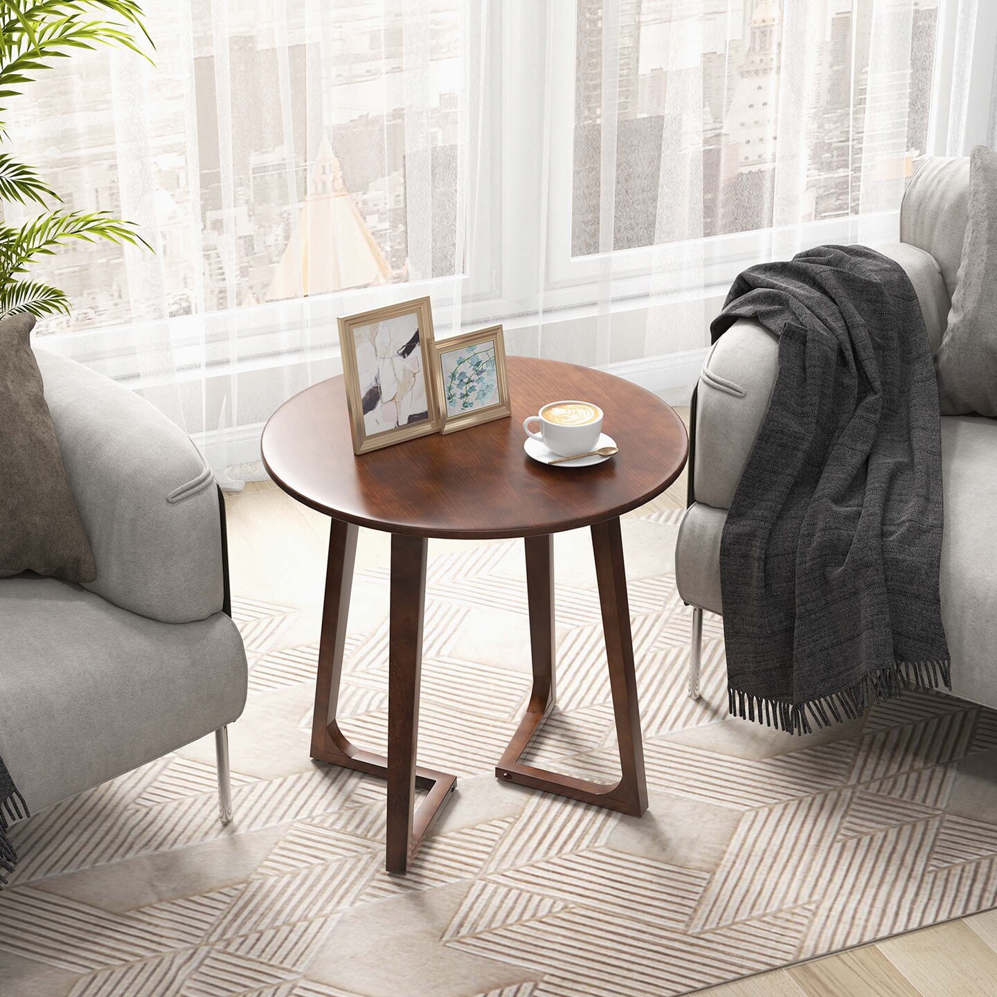 Costway 24&#x22; Round Side Table Solid Rubber Wood End Table Beside Sofa&#x26;Bed for Small Space Brown/Natural
