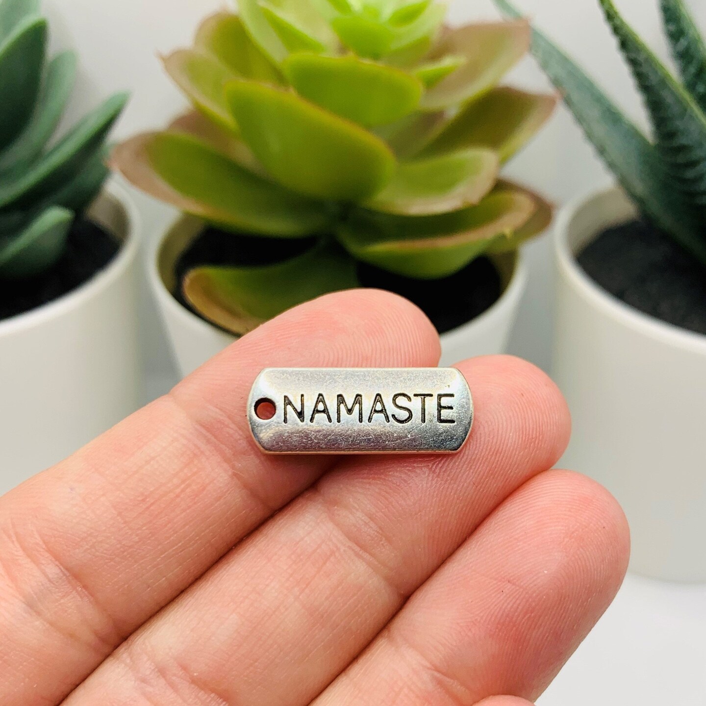 4, 20 or 50 Pieces: Antiqued Silver Namaste Word Tag Charms