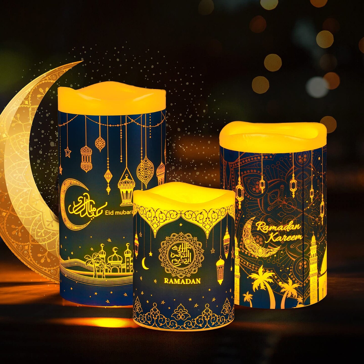 3 PCS Eid Mubarak Flameless LED Candles Lights Eid Decor Candle Lights with Timer Warm White Battery Operated Electric Led Muslim Ramadan Candle Lights for Party Supplies Home Decor