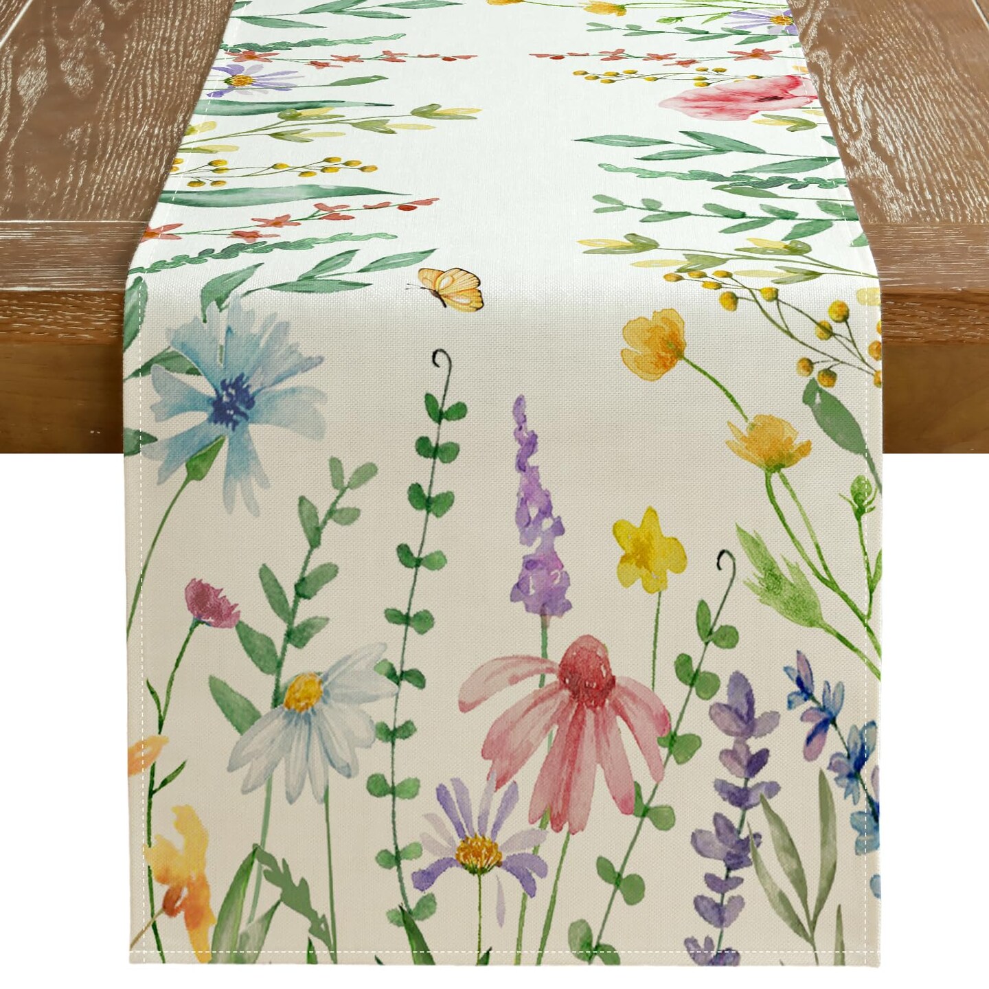 Spring Table Runner 13x72 Inch Watercolor Wild Flower Farmhouse Rustic Holiday Kitchen Dining Table Decoration for Indoor Outdoor Dinner Party Décor