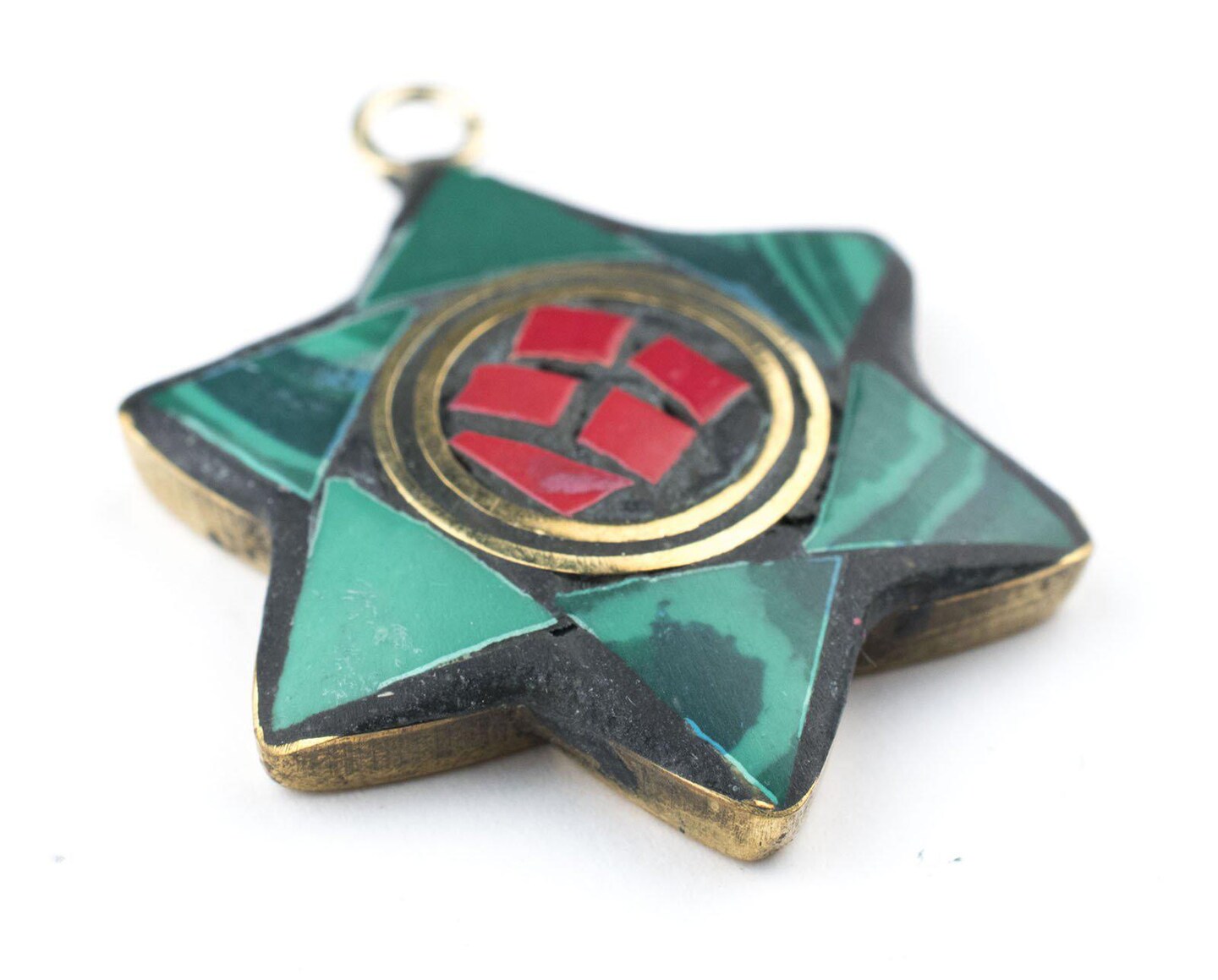TheBeadChest Nepali Star of David Pendant: Authentic Ethnic Judaica Brass Charm Inlaid with Stone for DIY Necklace and Jewelry (Turquoise &#x26; Red)