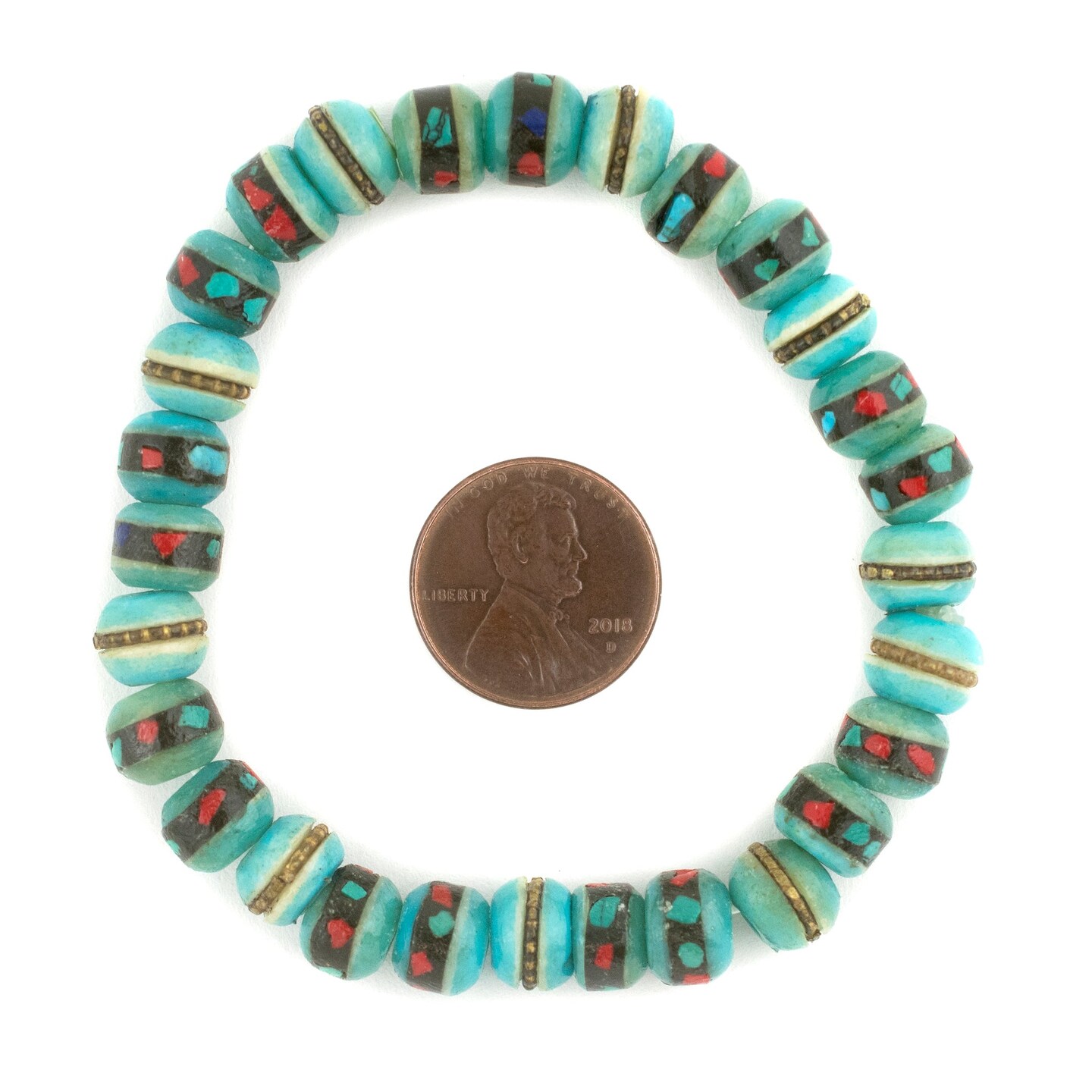 TheBeadChest Mala Stretch Bracelet, Vintage-Style Turquoise - Stackable Nepal Bone Inlaid with Turquoise &#x26; Coral Colors, 100% Authentic and Genuine