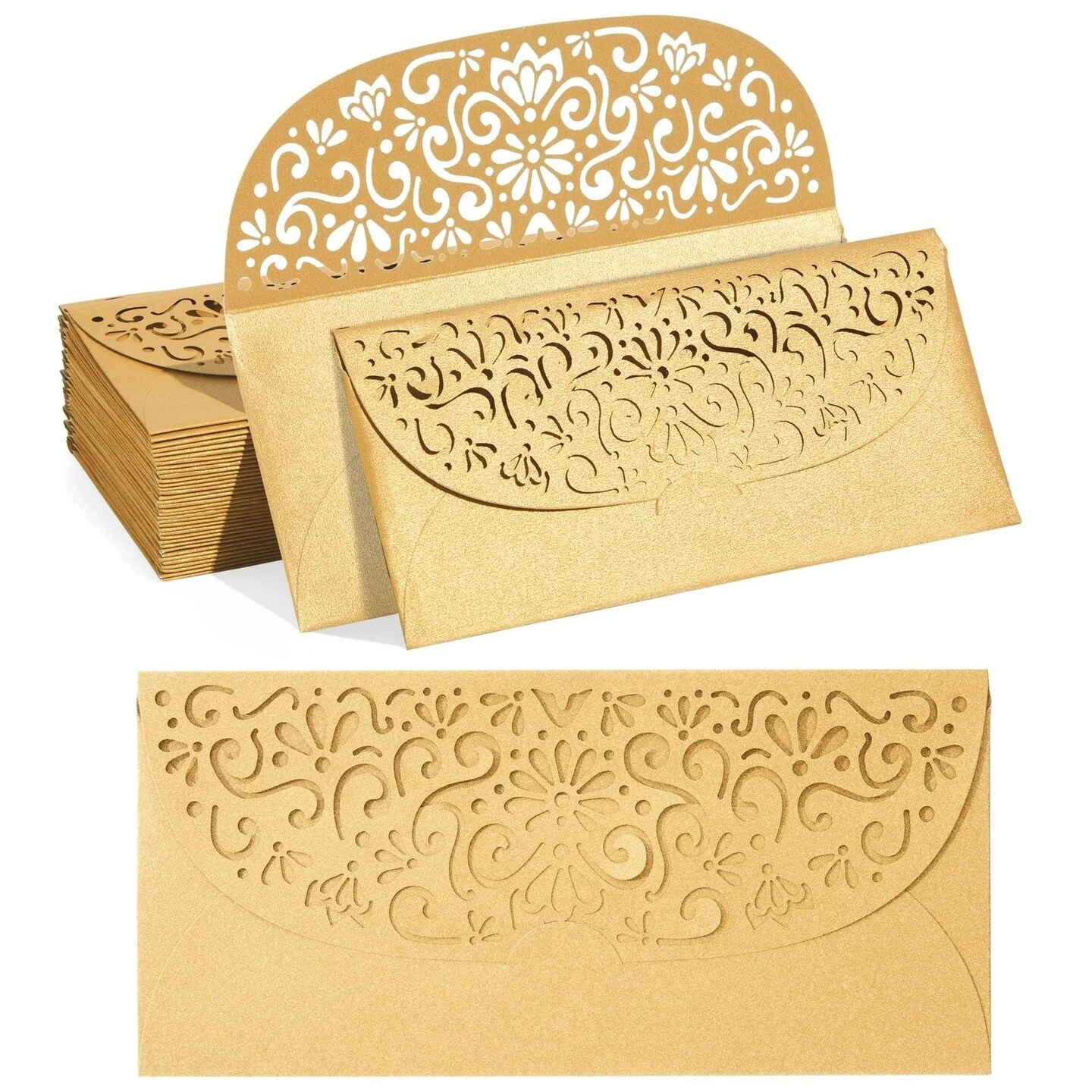 Gold Money Envelopes for Cash Gifts, Laser Cut Holders, 6.8x3.3 In, 36 Pack