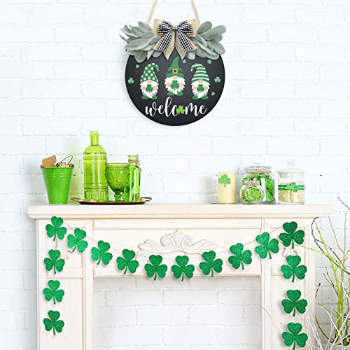 St Patrick&#x27;s Day Welcome Sign Wreath For Front Door Decor Shamrock Hanging Door Sign Gnomes Pattern With Greenery &#x26; Bow Wooden Round St Patricks Day Decoration For The Home Farmhouse Decor 12x12 Inch