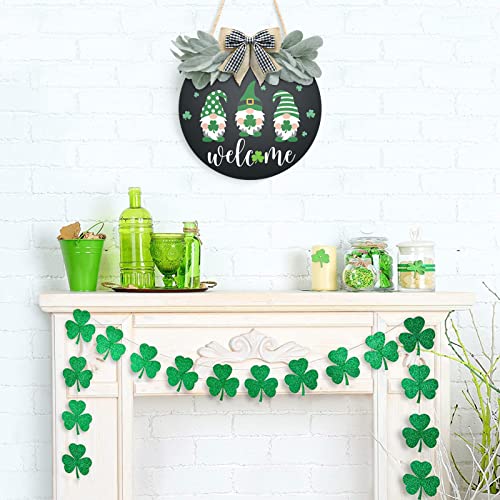 St Patrick's Day Welcome Sign Wreath For Front Door Decor Shamrock Hanging Door Sign Gnomes Pattern With Greenery & Bow Wooden Round St Patricks Day Decoration For The Home Farmhouse Decor 12x12 Inch