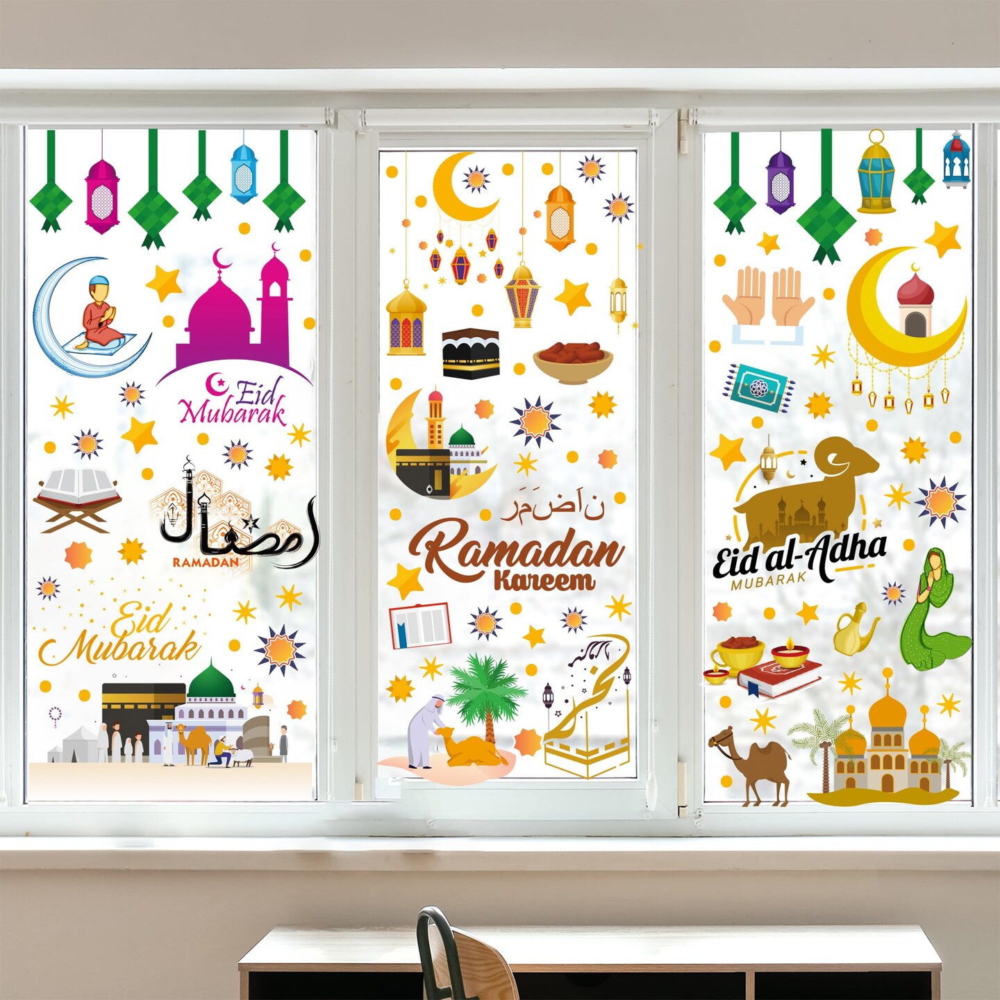 Ramadan Decorations Window clings Eid Mubarak Window Stickers Party Supplies Decorations Muslim Happiness Ramadan Eid Al-fitr Window Decor for Home Window Stickers