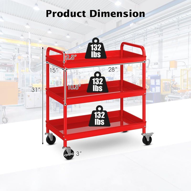 Household Commercial 3-Tier Utility Service Cart with Flat Handle