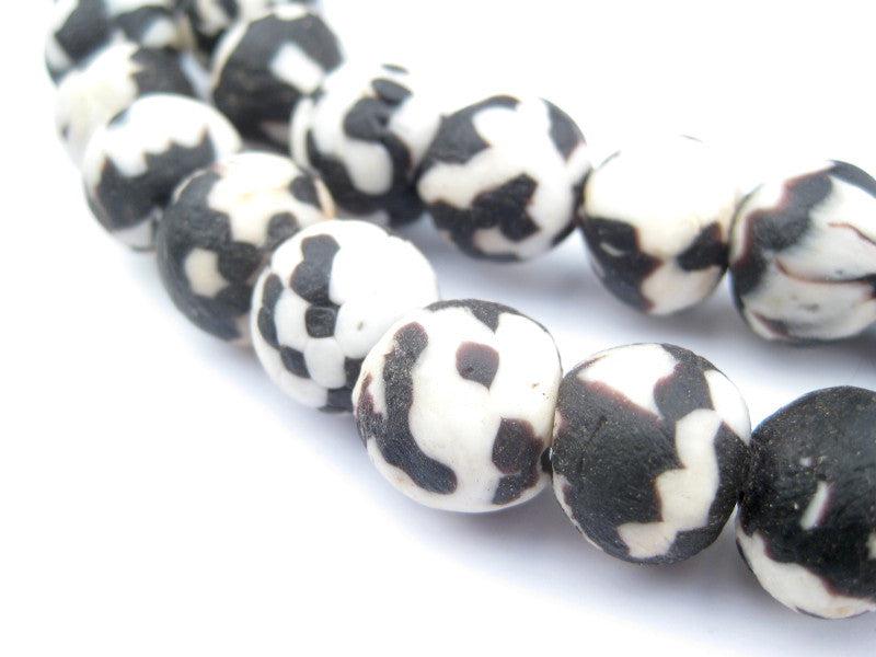 TheBeadChest Black Fused Recycled Glass Beads 14mm Ghana African Black and White Round Large Hole 24 Inch Strand Handmade Fair Trade