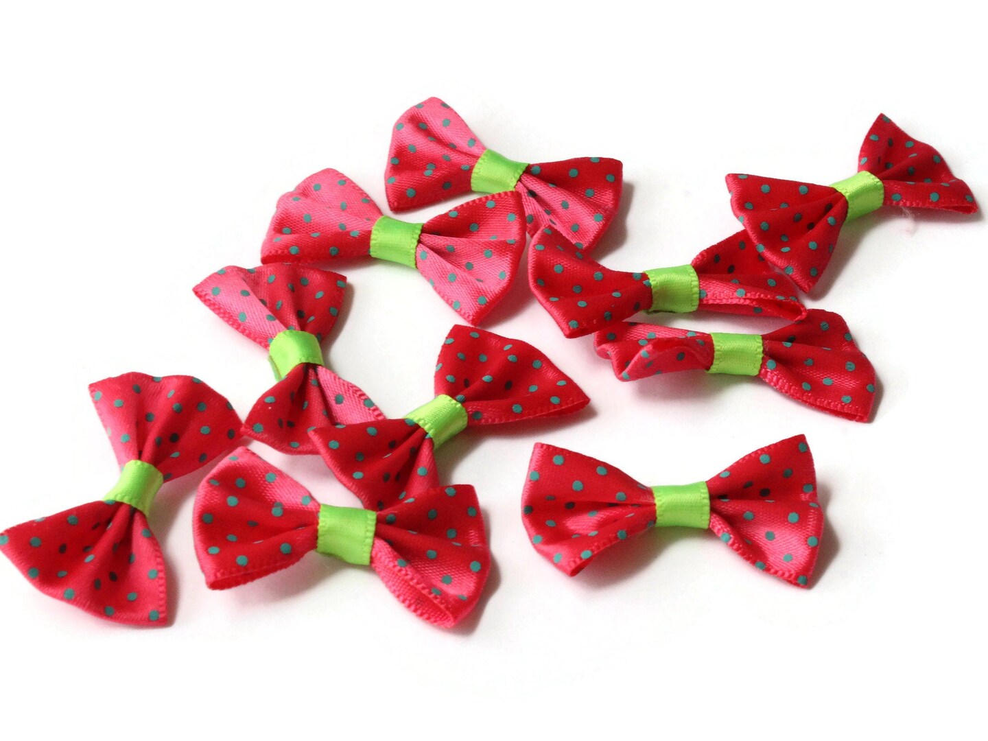 10 35mm Dark Pink and Green Polka Dot Bows - Loose Bow Embellishments