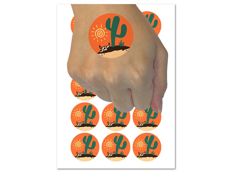 Saguaro Cactus Sonoran Desert Bull Skull Temporary Tattoo Water Resistant Fake Body Art Set Collection (1 Sheet)
