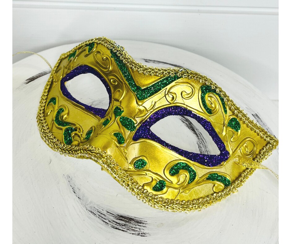 Masquerade Mardi Gras Mask - Gold/Purple/Green, 6.5&#x22;Lx3.75&#x22;H-HG1041