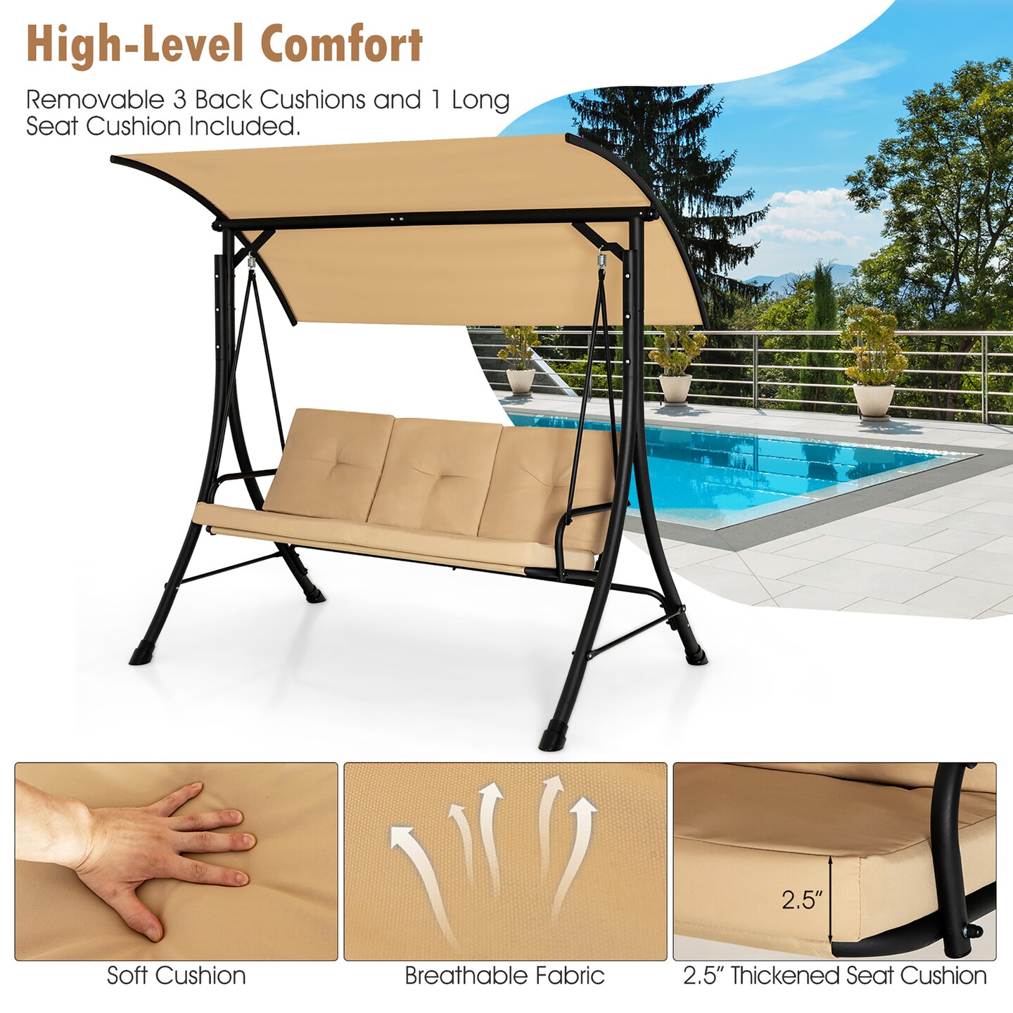 Costway 3-Seat Outdoor Porch Swing Adjustable Canopy Padded Cushions Steel Frame Beige/Black/Brown