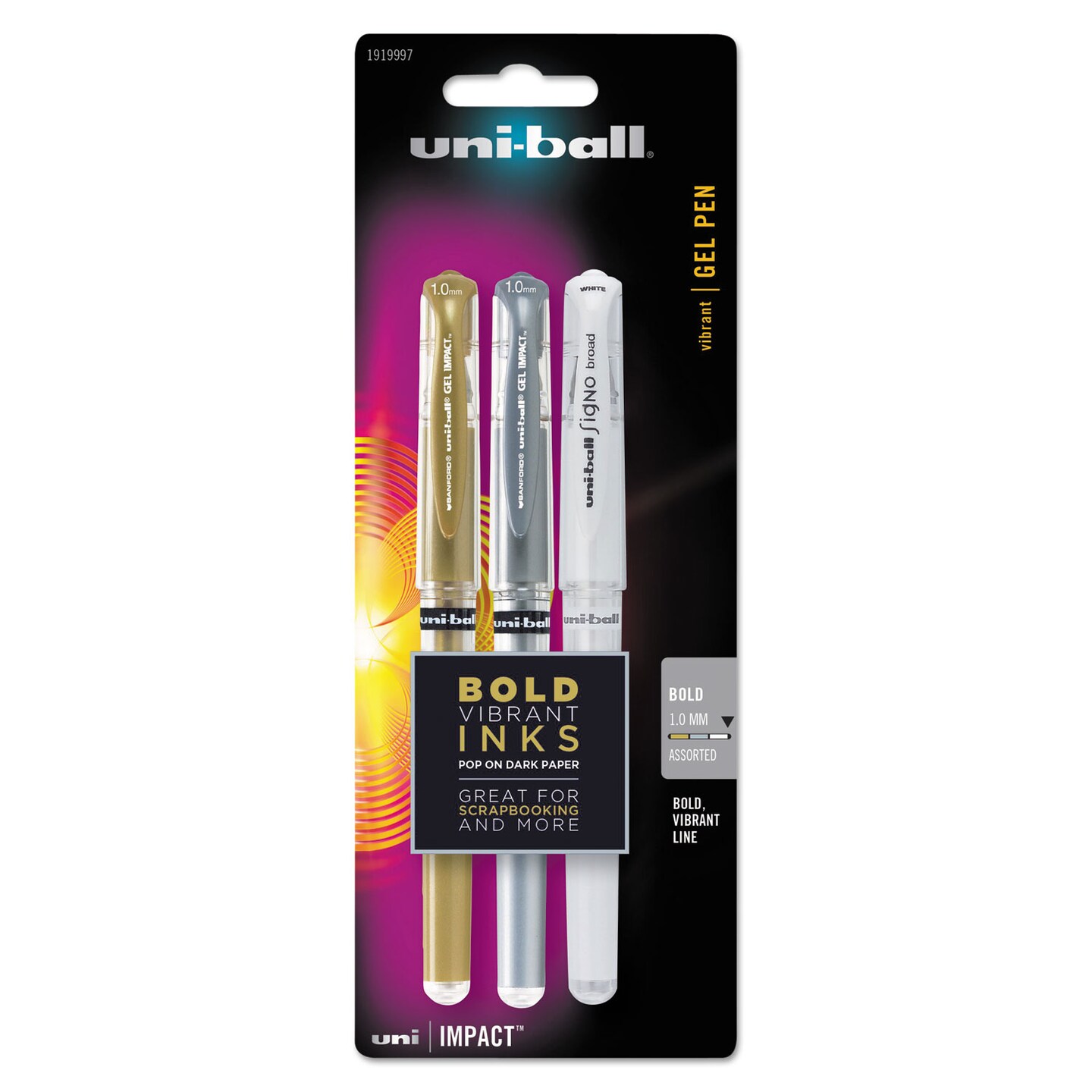 Uni-Ball Impact Bold Stick Gel Pen, 1mm, Assorted Marvelous Metallic Ink/Barrel, 3/Set