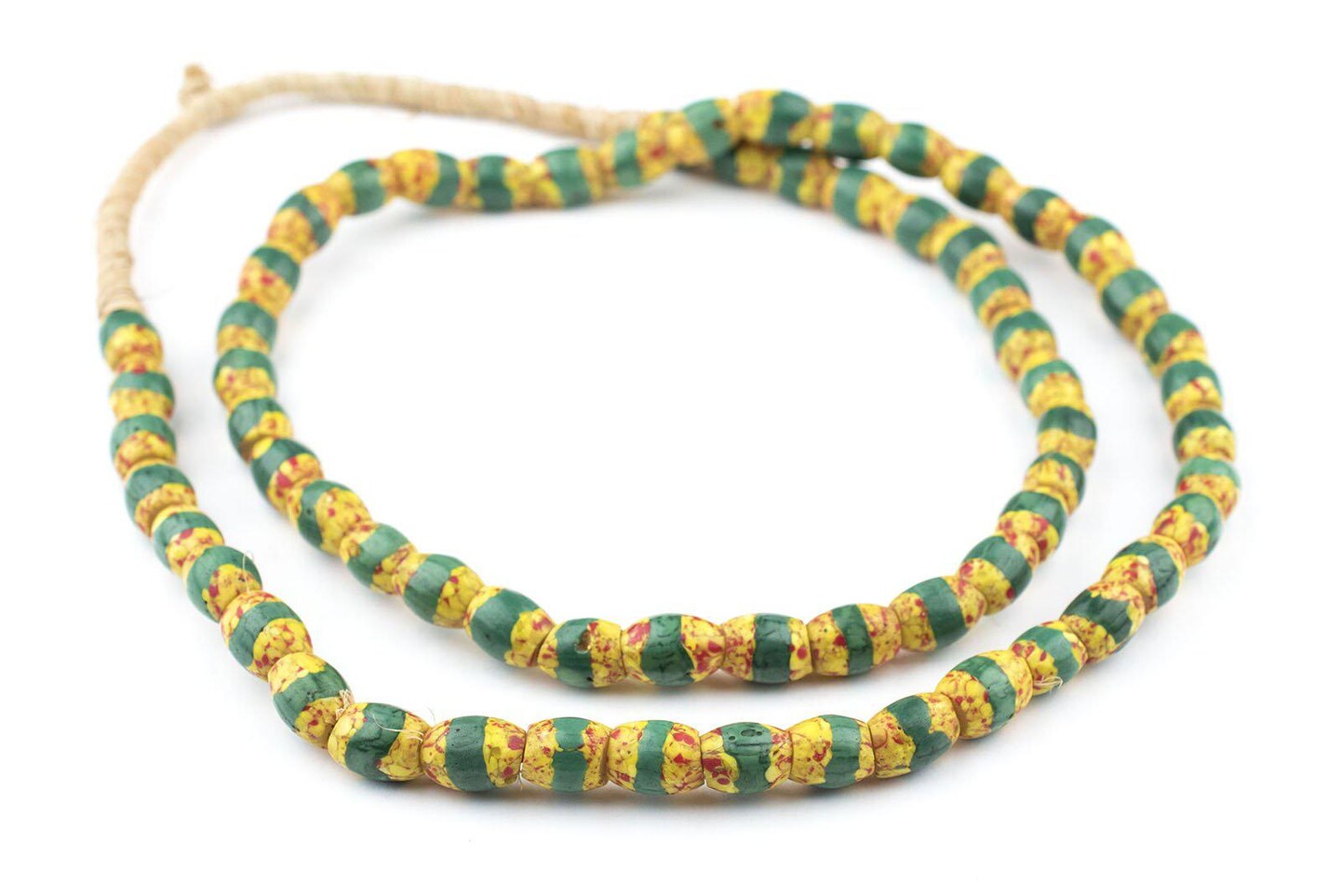 The Bead Chest Old Antique Venetian Yellow Oval Striped Trade Beads Green Stripe 9mm Ghana African Multicolor Glass Large Hole 32 Inch Strand