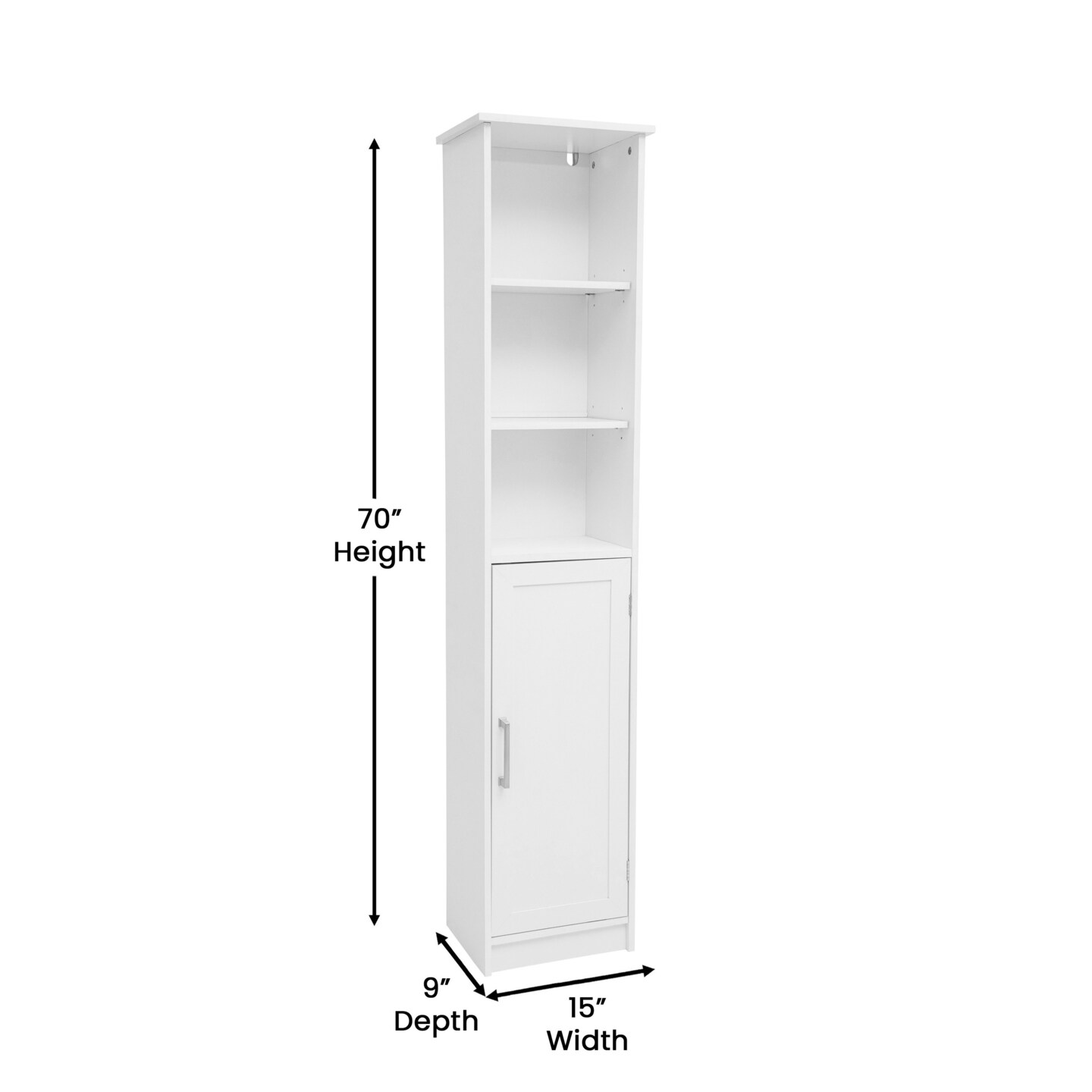 Merrick Lane Vigo Slim Linen Tower Organizer with Adjustable Cabinet Shelves, Open Shelves, and Magnetic Closure Doors