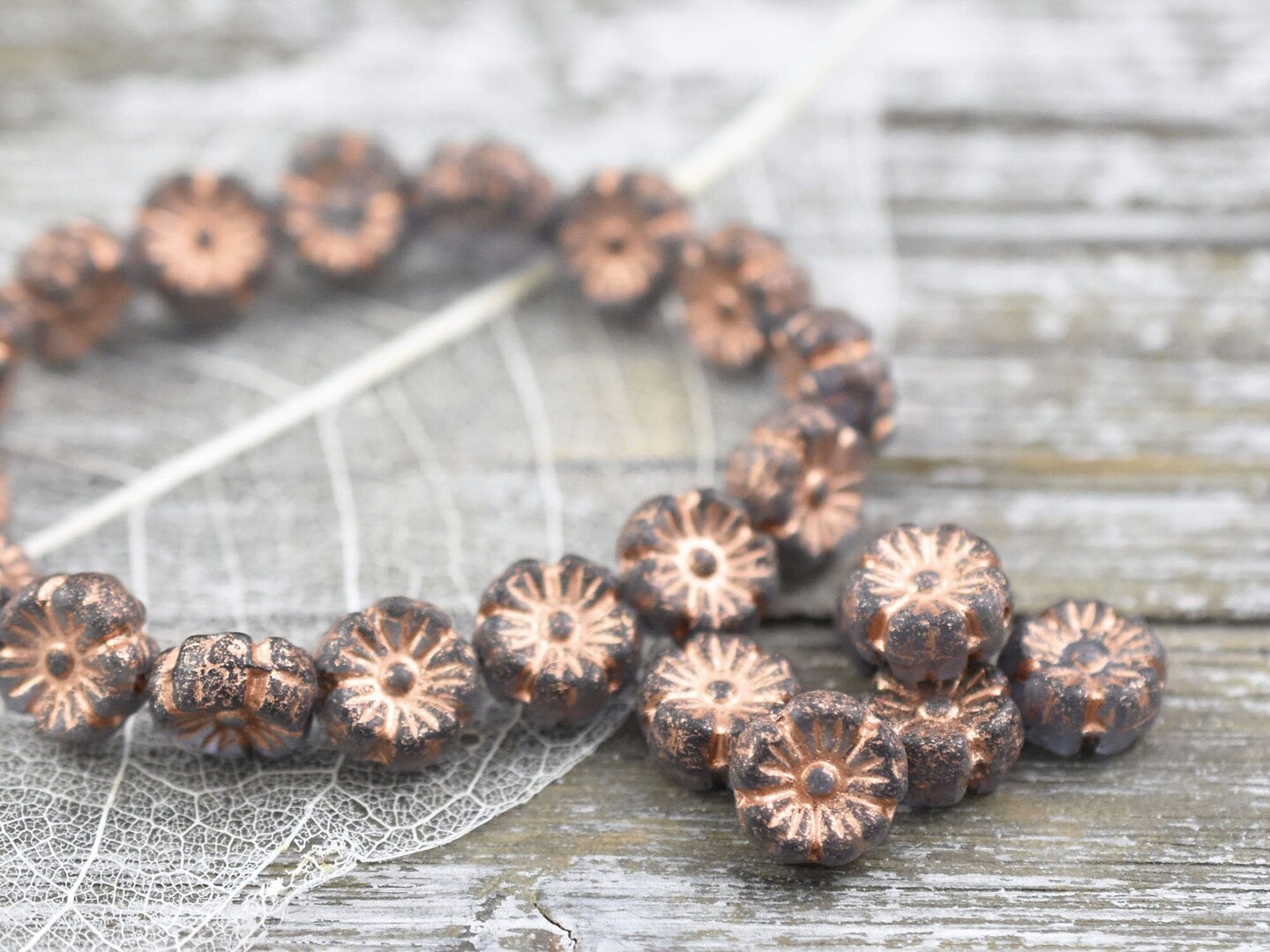 *16* 9mm Copper Washed Etched Translucent Grey Hawaiian Flower Beads