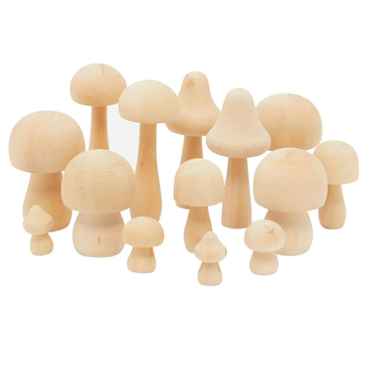 Mini Wooden Mushrooms to Paint, Unfinished Wood Figurines (7 Sizes, 14 Pack)