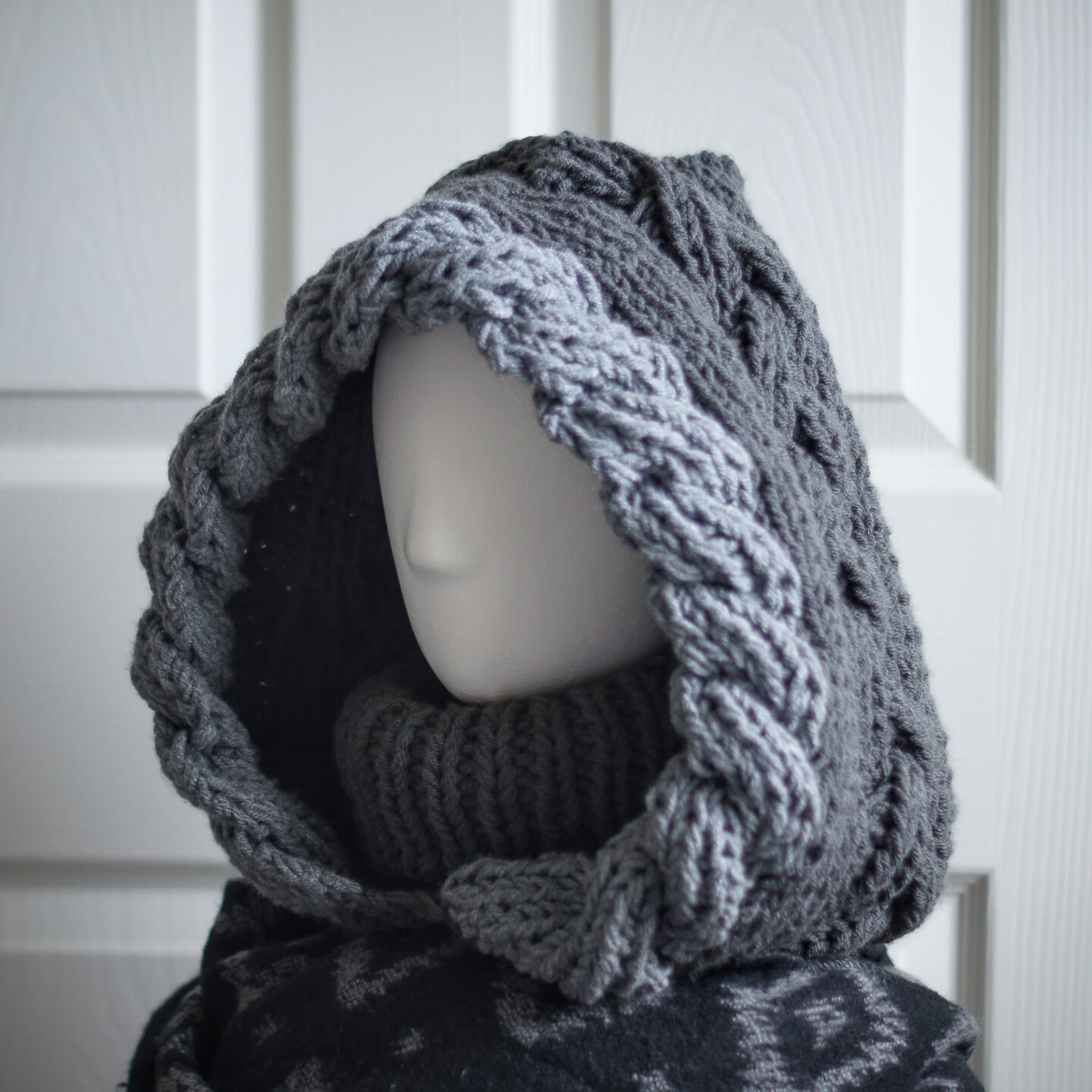 Dual Gray Winter Hood with Multi-Way Neck Warmer - Double Cable Knit Balaclava Hooded Cowl product 7