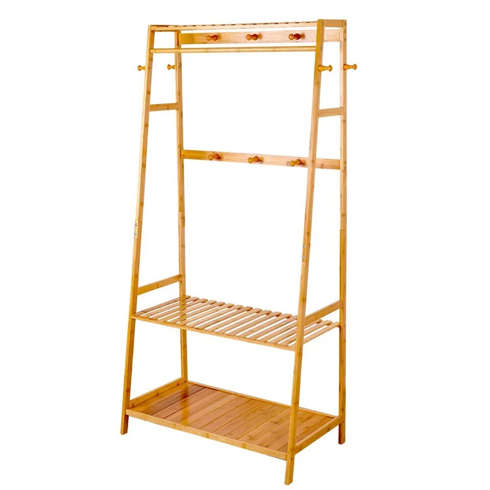 Bamboo Clothes Hanging Garment Rack Heavy Duty Laundry Rack Closet Storage Shelf
