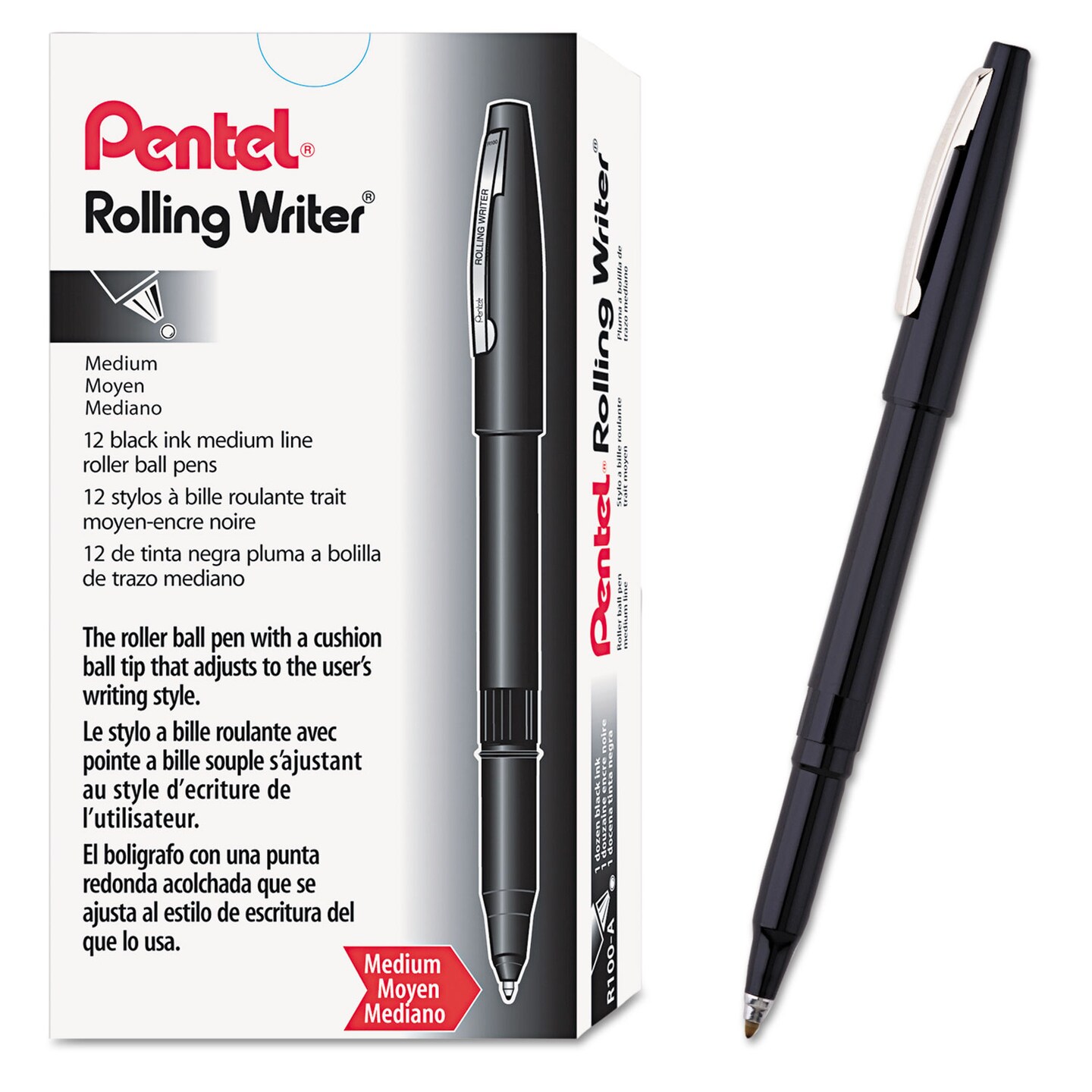 Pentel Rolling Writer Stick Roller Ball Pen, Medium 0.8mm, Black Ink/Barrel, Dozen