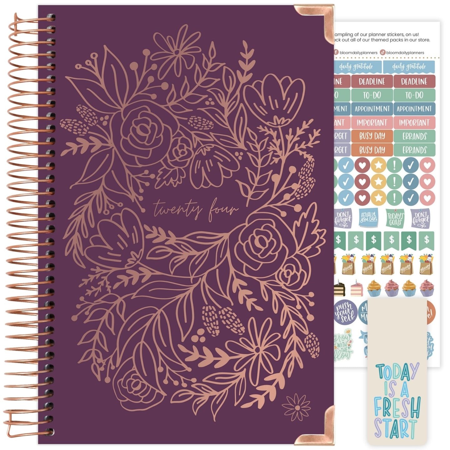 bloom daily planners 2024 Hard Cover Planner, 5.5&#x22; x 8.25&#x22;, Embroidery, Purple