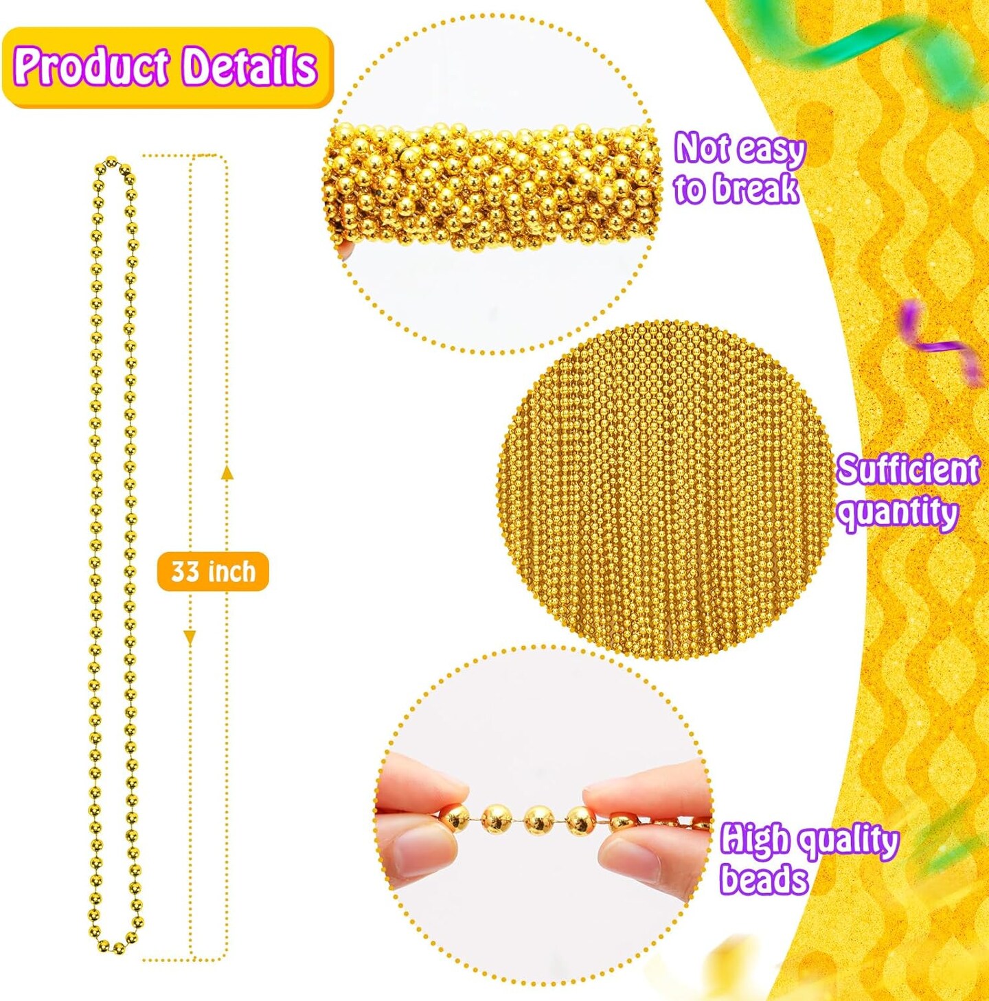 Garma 144Pcs Mardi Gras Gold Beads Bulk