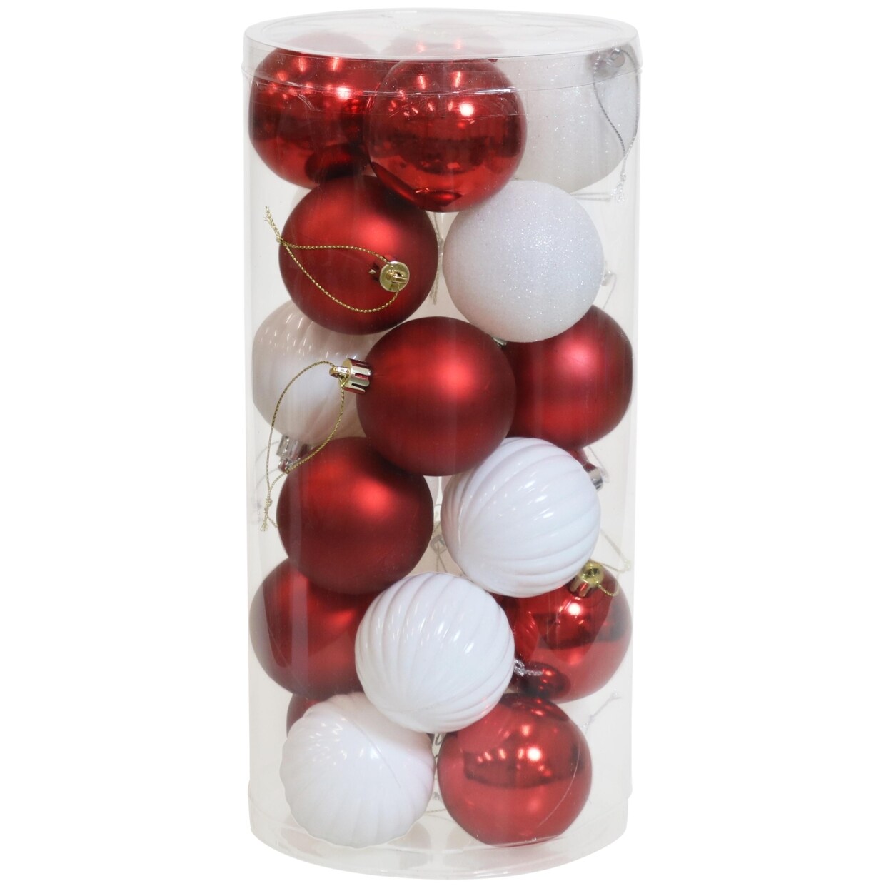Sunnydaze   Merry Medley 24-Piece Plastic Ornament Set - 60 mm - Red/White