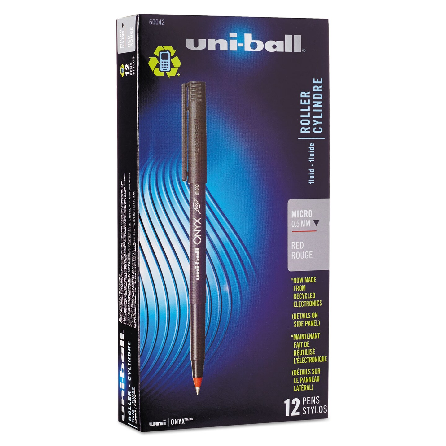 Uni-Ball ONYX Stick Roller Ball Pen, Micro 0.5mm, Red Ink, Black Matte Barrel, Dozen