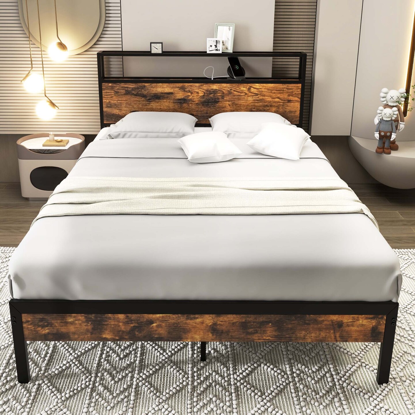 Costway Twin/Full/Queen Bed Frame with Storage Headboard Charging Station 18W USB C Port Rustic Brown