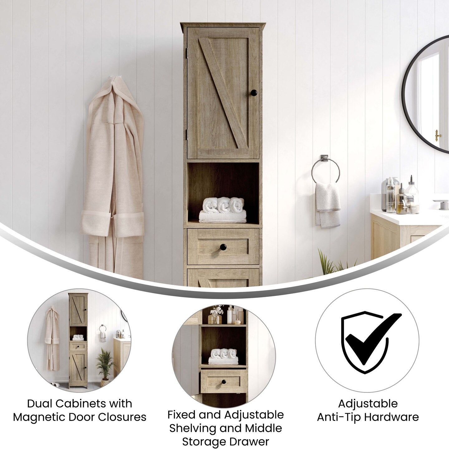 Merrick Lane Delilah Slim Linen Tower Organizer with Storage Drawer, Upper and Lower Cabinets with Magnetic Closure Doors and Open Shelf
