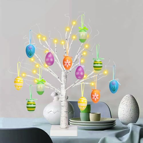 24&#x22; Easter Lighted Birch Tree with 12pcs Ornaments,Warm White LED Birch Tree Light Tabletop Artificial Tree 8 Lighting Modes USB or Batteries Operated with Timer for Easter Decor