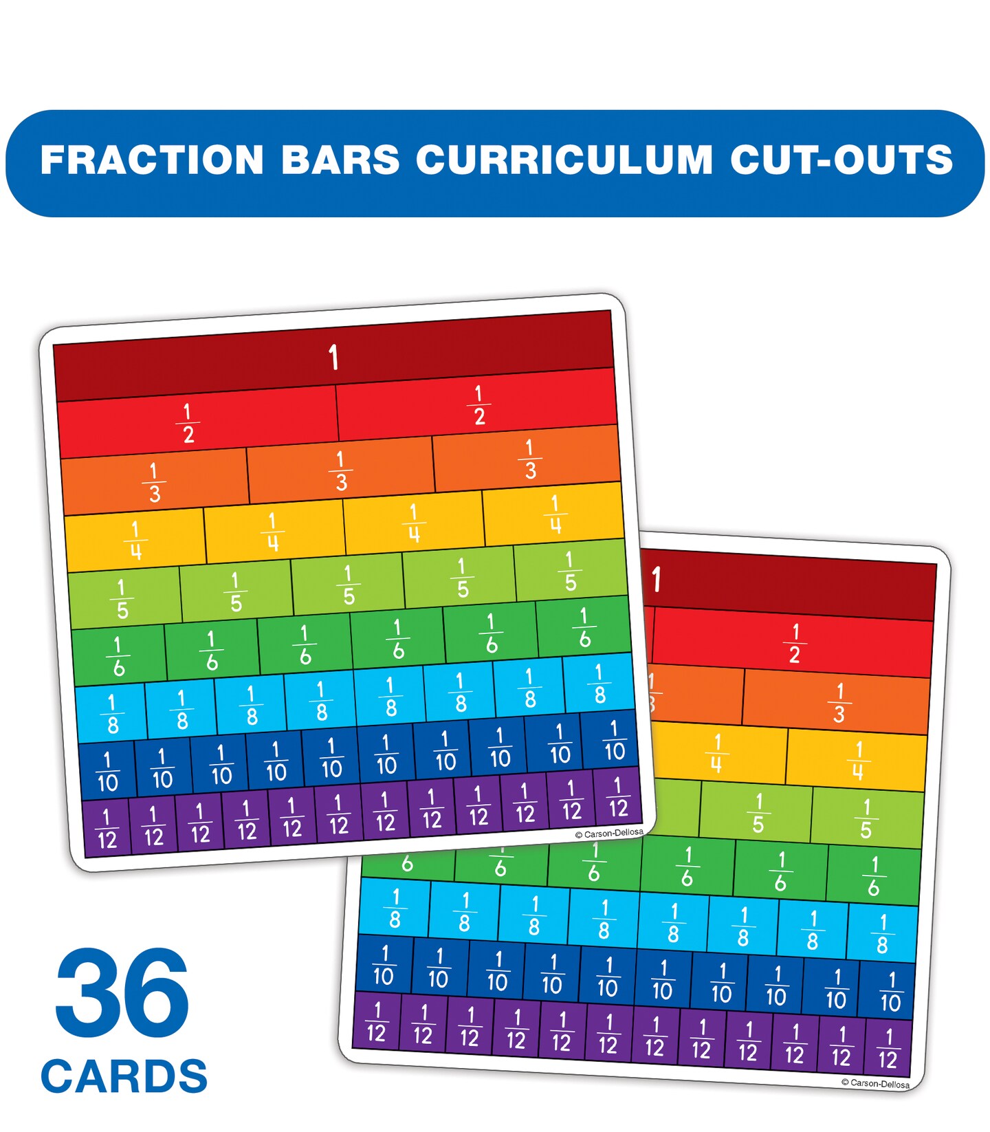 Carson Dellosa 36-Piece Fraction Bars Rainbow Cutouts, Colorful Cardstock Math Manipulatives and Bulletin Board Decorations, Homeschool and Classroom Teacher Supplies