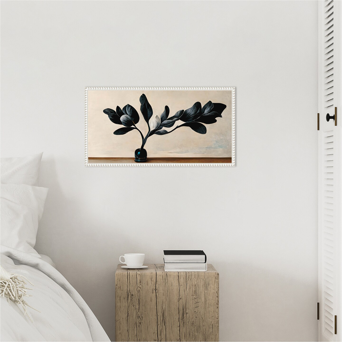 Black Magnolia by Treechild 27-in. W x 14-in. H. Canvas Wall Art Print Framed in White